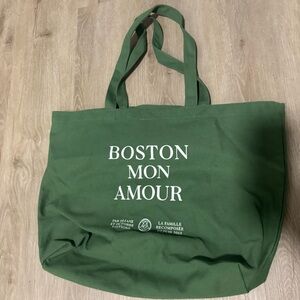 Sezane Forest Green Tote with White Accents